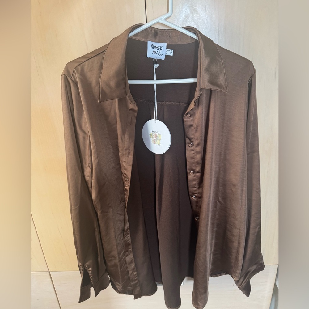 Princess Polly Brown Satin Button-Up Shirt